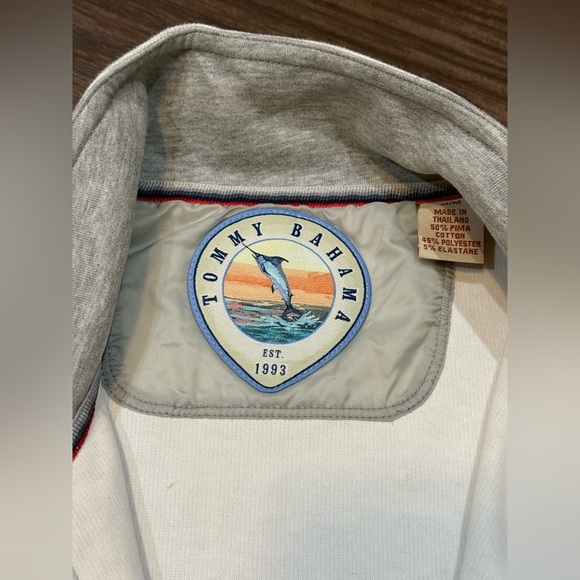 Tommy Bahama Light Gray Zip-Up Sweater with Red Stripes - Picture 3 of 10